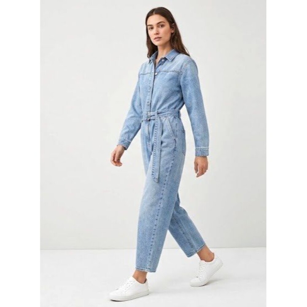 Vtg H&M women Sz8 Blue Denim 3/4 Sleeve Button Front Belted Jumpsuit tapered leg